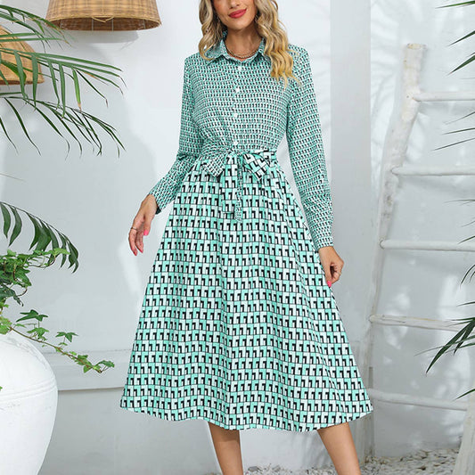 PLAID PATCHWORK LACE-UP LONG-SLEEVED DRESS