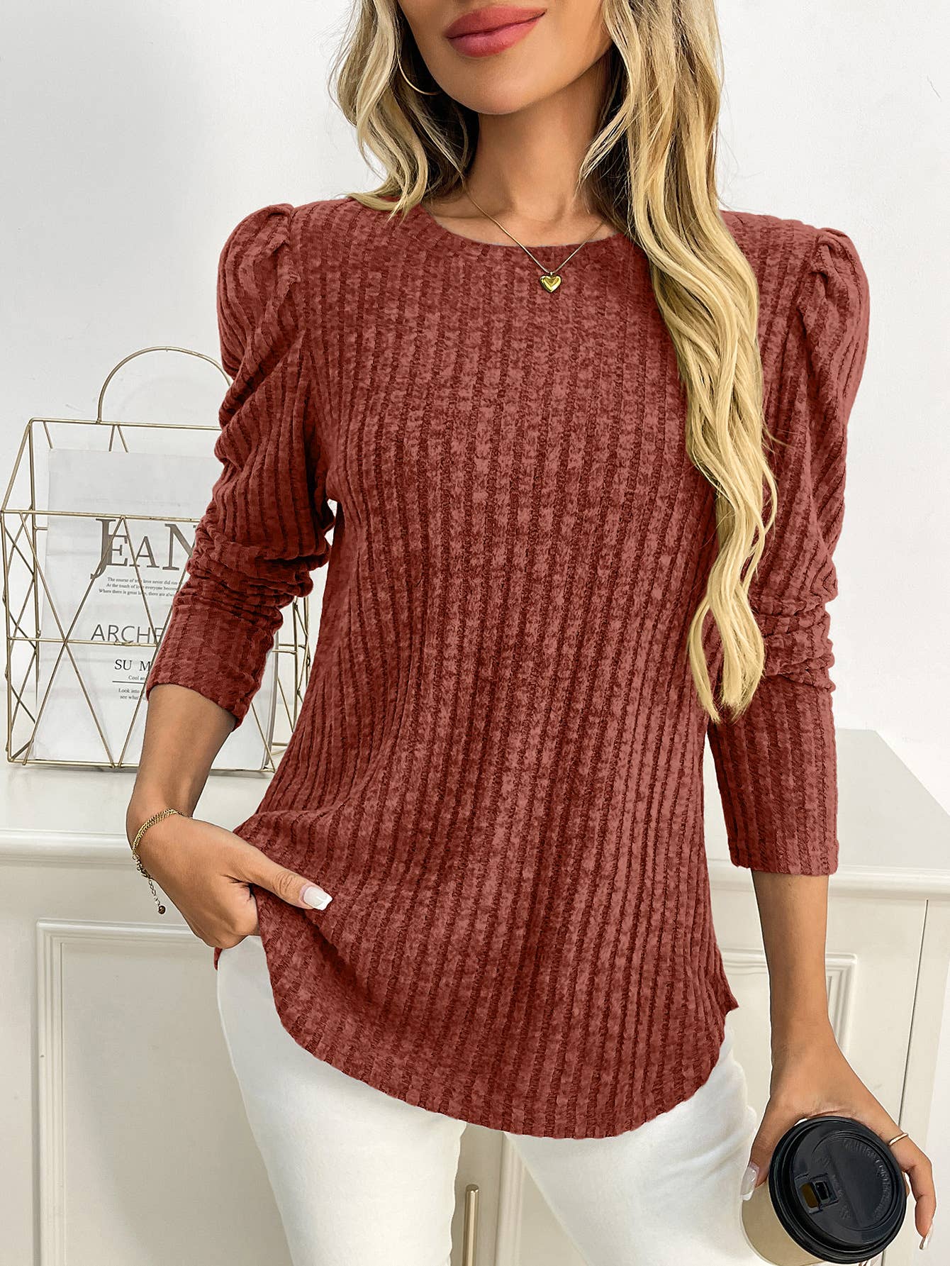 Round-neck puffed-sleeve brushed striped T-shirt