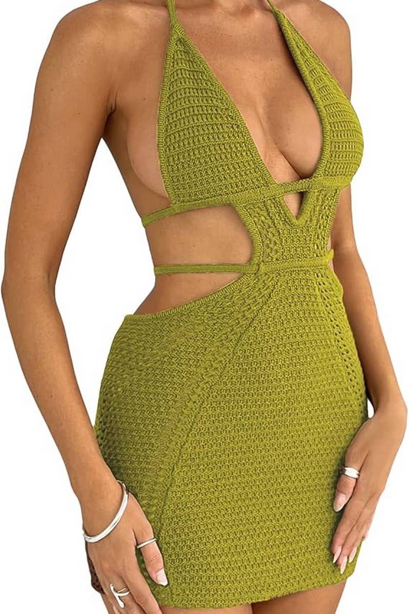 CWDSD7815_SEXY HALTERNECK HOLLOW SUSPENDER DRESS