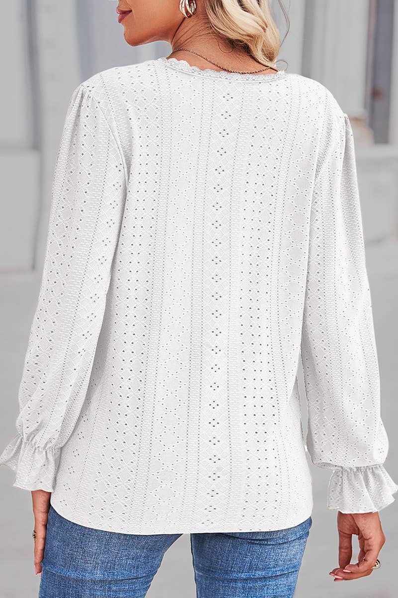 WOMEN LACE TRIM NECK EYELET LONG SLEEVE SHIRT TOP_CWTSTL0301