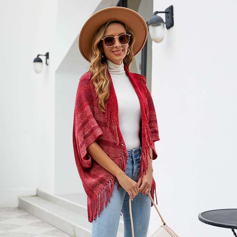 FRINGED CAPE COAT KNITTED STRIPED CAPE WOMAN