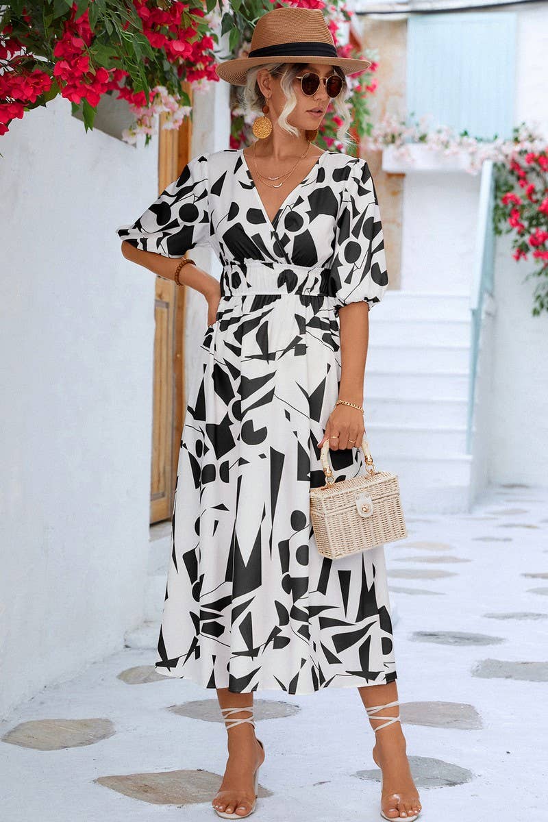 CWDMD2751_V NECK GEOMETRIC PRINT DRESS