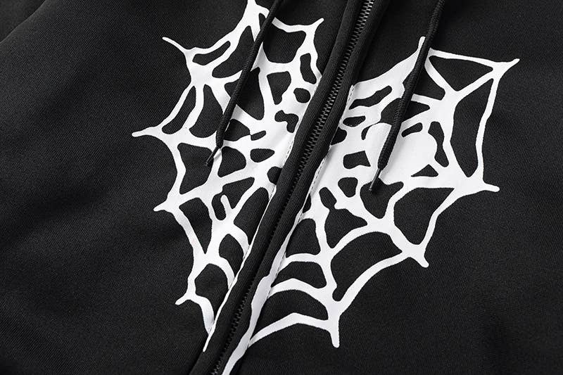 SPIDER WEB HEART ZIPPER FLEECE HOODED CARDIGAN