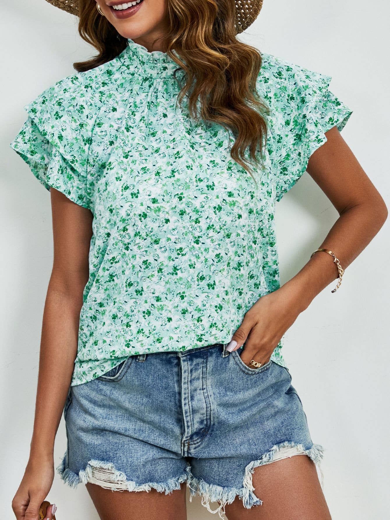 Semi-high-neck double-sleeved loose printed top