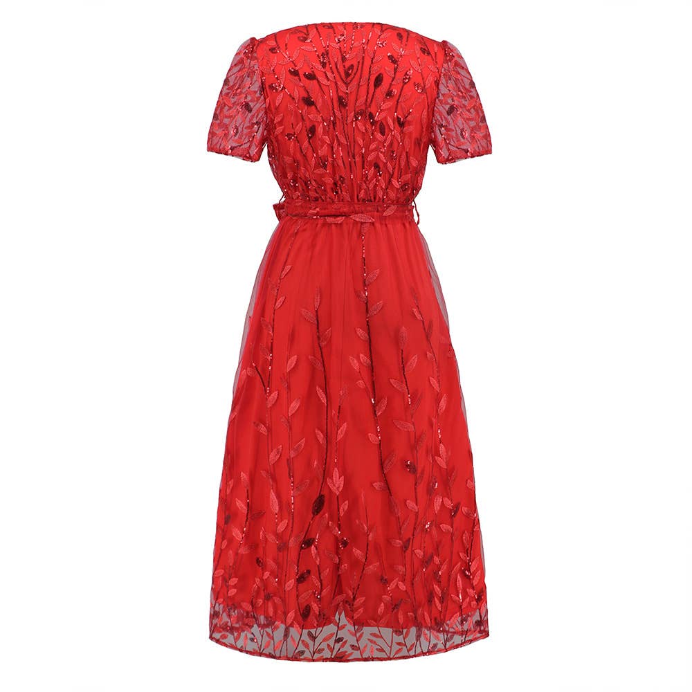 Embroidered Metallic Mesh V-Neck Midi Dress