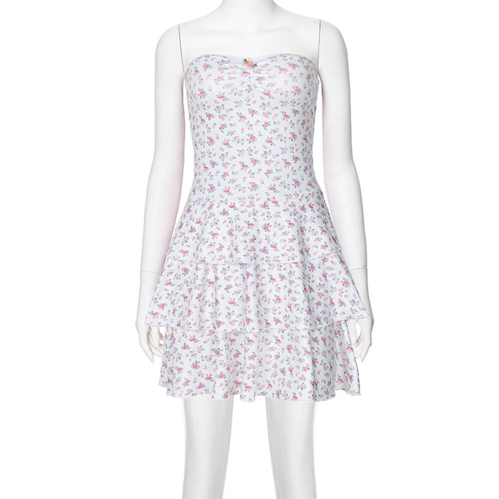 PRINTED STRAPLESS PLEATED ONE-SHOULDER DRESS