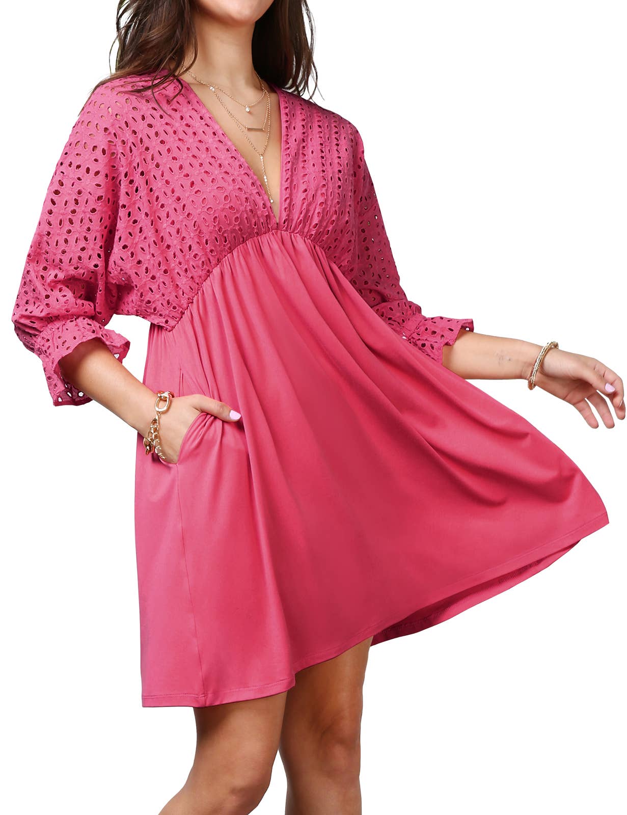 CWDSD10370_COTTON EYELET CONT BODICE WITH 3/4 SLEEVE DRESS