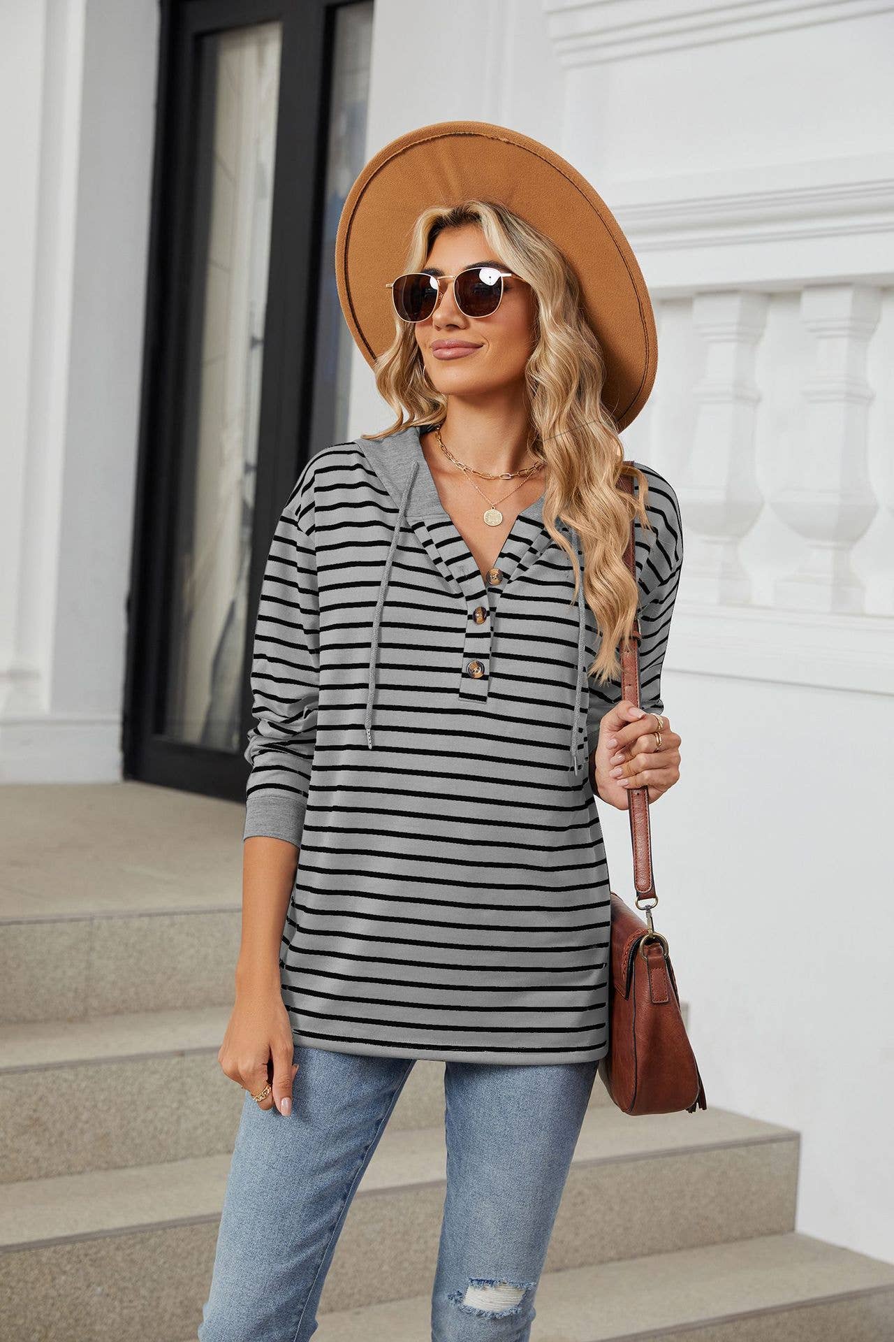 Striped hooded long-sleeved loose sweatshirt