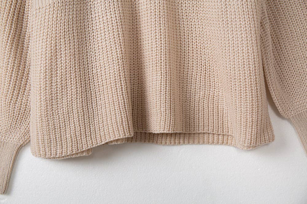 V-NECK SOLID COLOR LONG SLEEVE RUFFLED KNIT