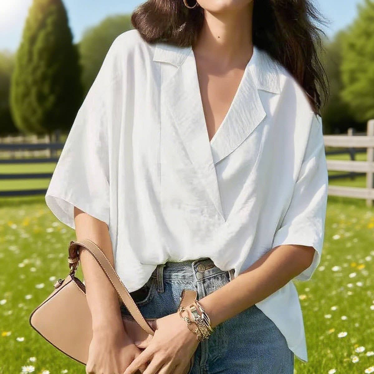 V-neck casual loose solid-color shirt