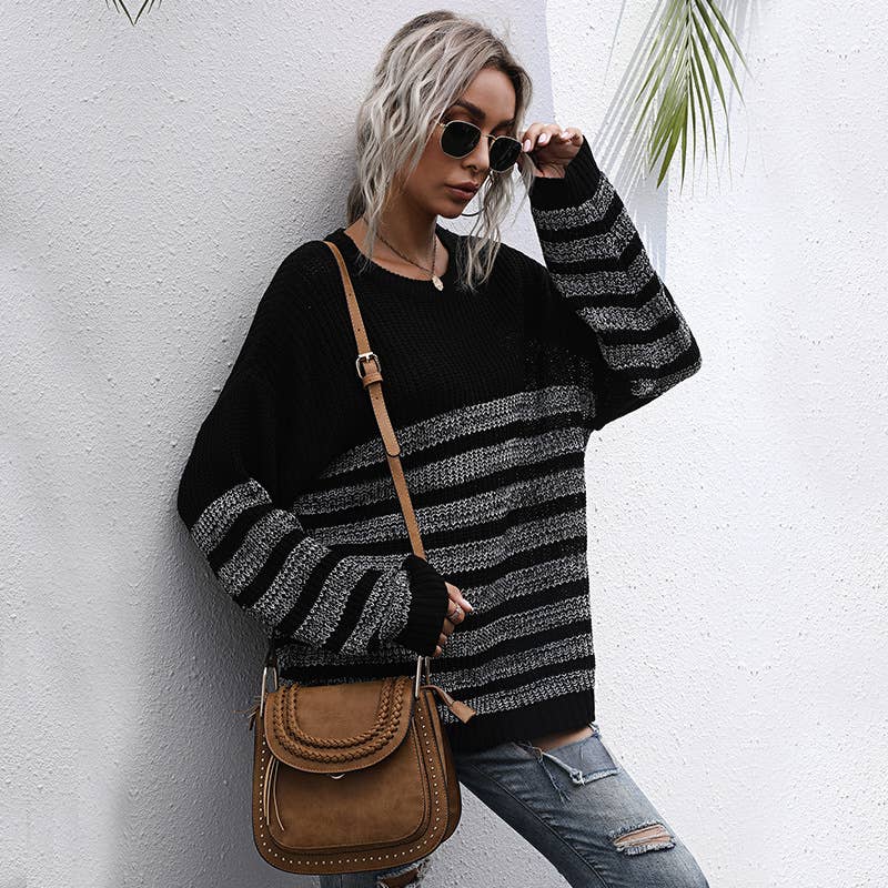 STRIPED CREW NECK LONG-SLEEVED SWEATER WITH BASE