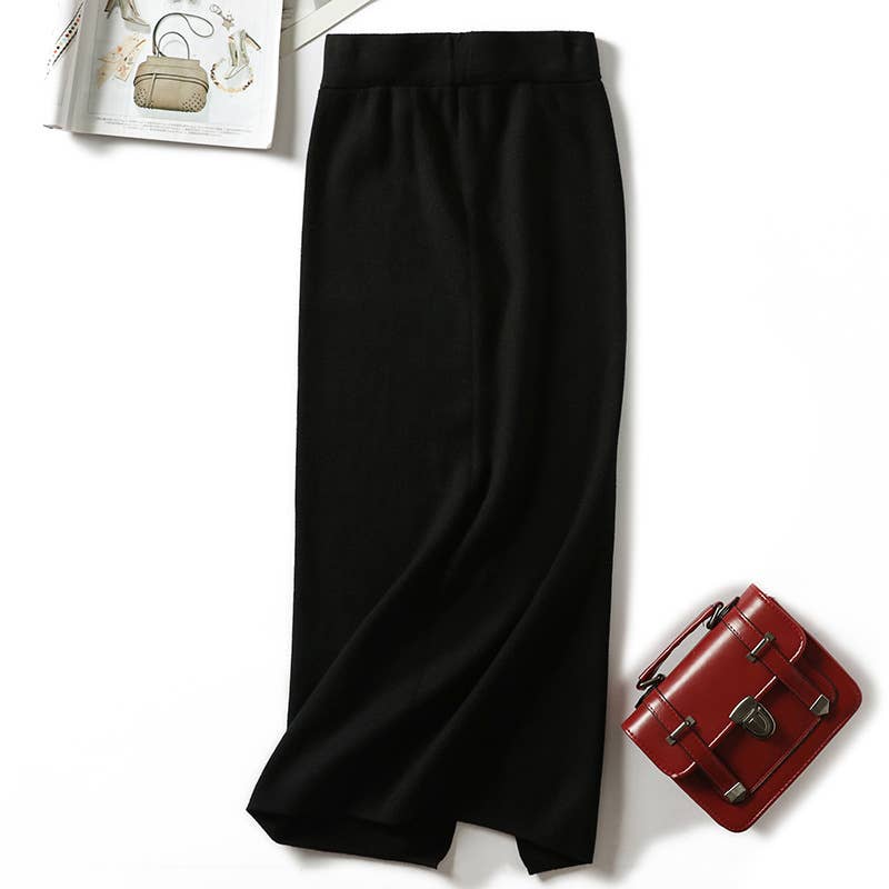 SIMPLE SLIM-FIT WRAP BOTTOM SPLIT KNIT SKIRT