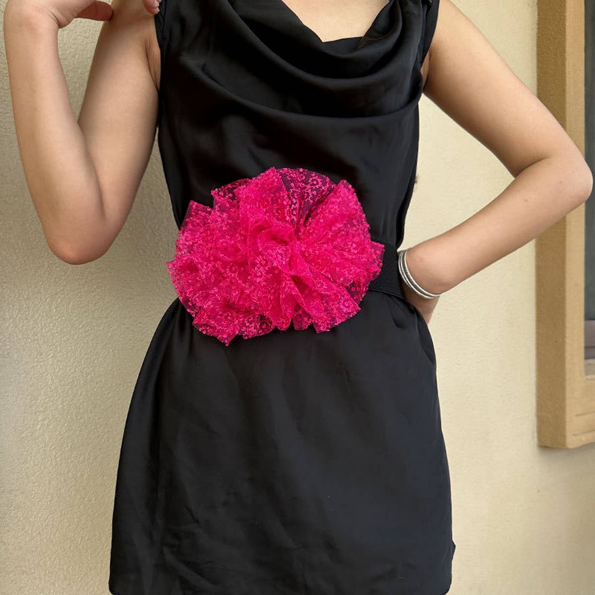 Oversized Tulle Flower Elastic Belt for Women_CWMM6423