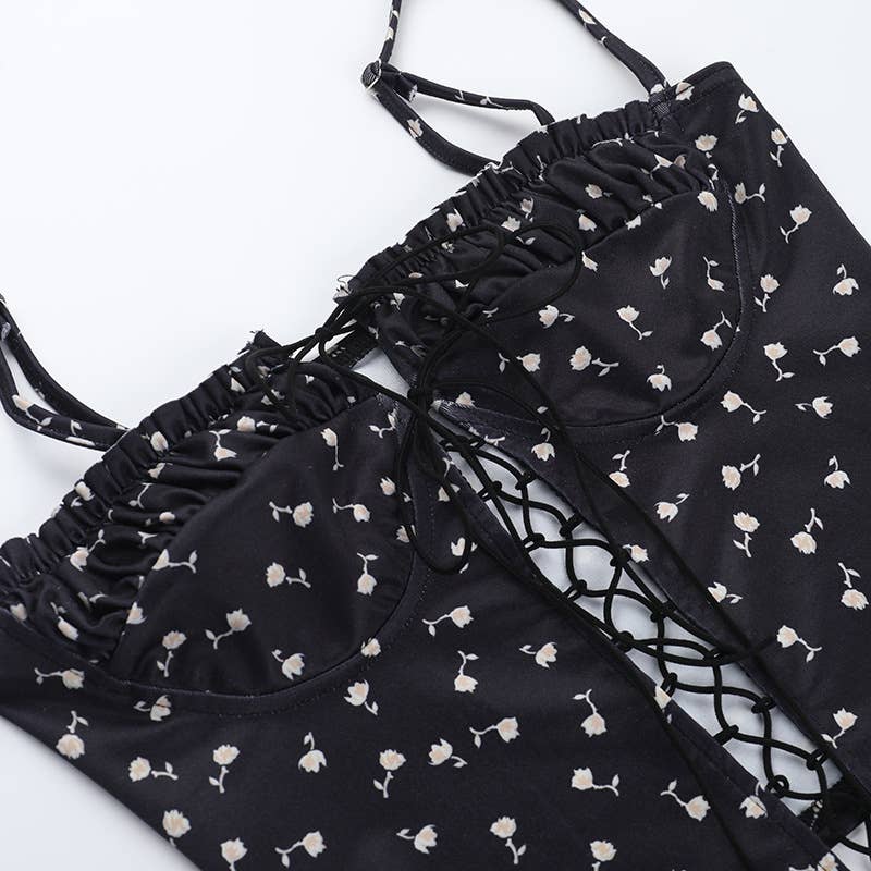 Printed Lace-Up Sheer Strapless Tube Top