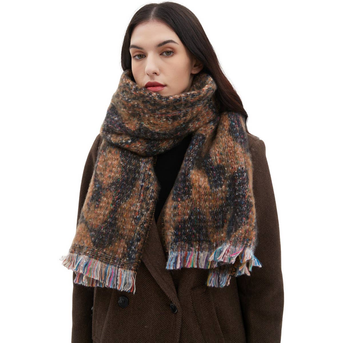 Leopard Jacquard Scarf ? Fringe Winter Wrap