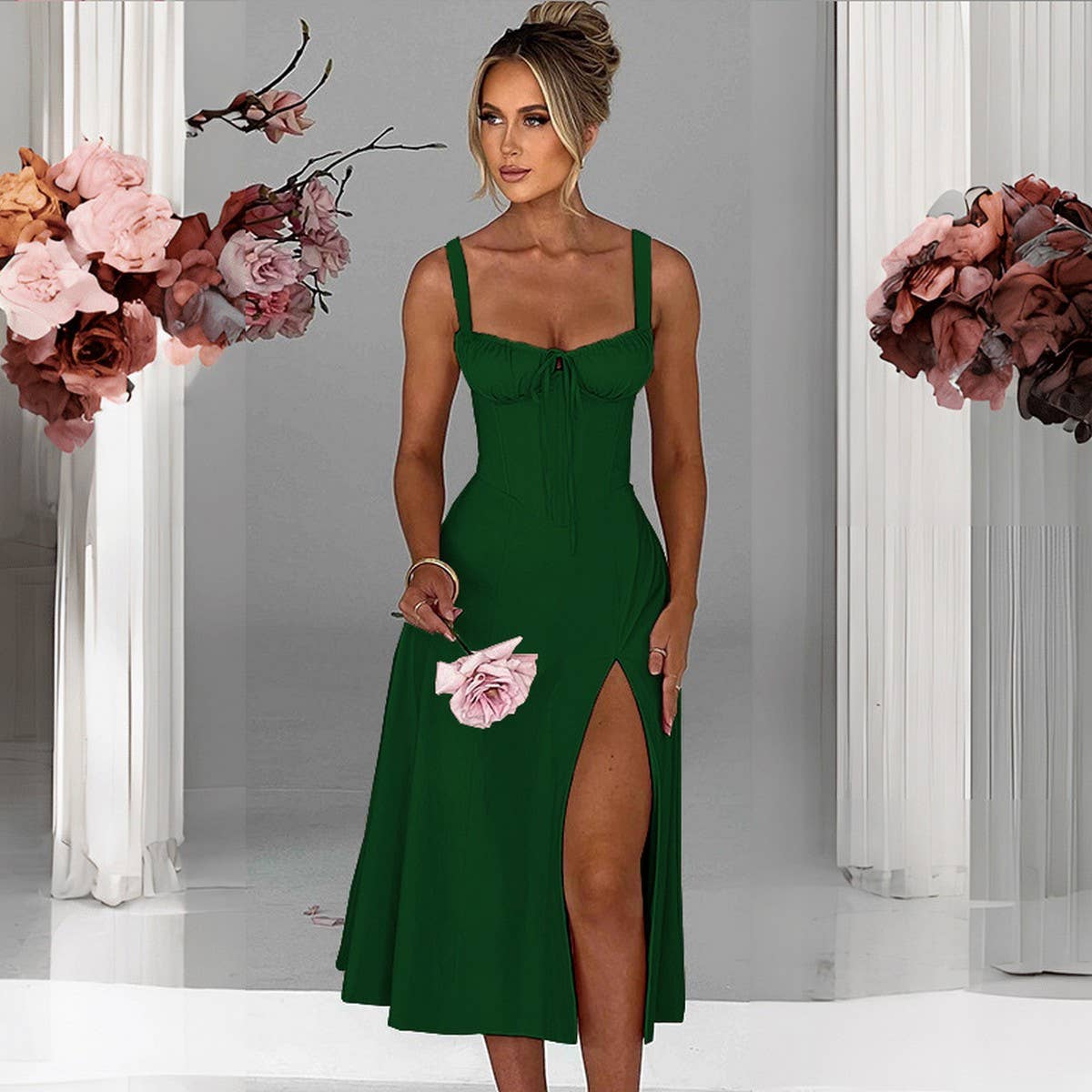 Fashion casual lace-up slim split halter dress