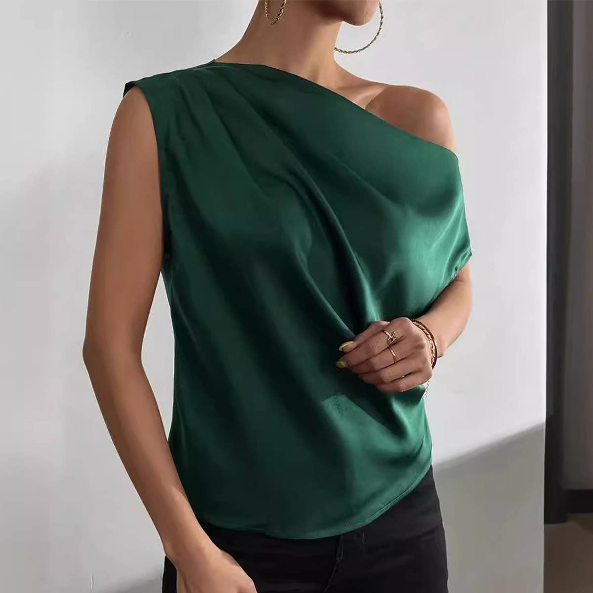 SKEW NECK ONE-SHOULDER ASYMMETRICAL BLOUSE