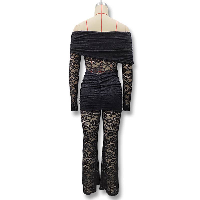 Lace patchwork see-through one-piece trousers