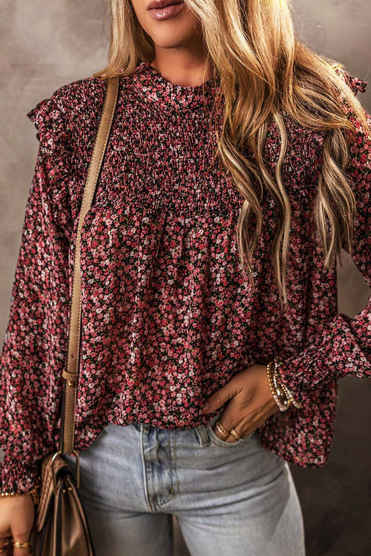 RUFFLED CREW-NECK FLORAL PRINT CHIFFON SHIRT
