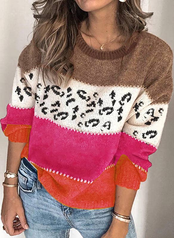 LEOPARD PRINT PATCHWORK FASHION KNIT PULLOVER