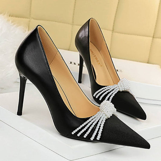 COLOR BLOCK POINTED TOE PEARL BOW HIGH HEELS