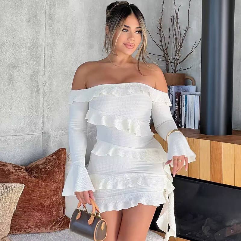 One-shoulder ruffled flared sleeve ribbon dress