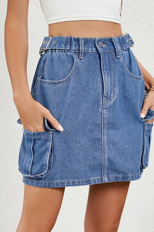 CWJSK00232_WASHED ADJUSTABLE WAIST DENIM MINISKIRT