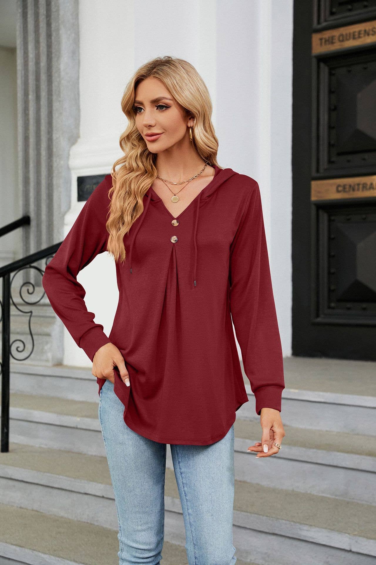 V-NECK BUTTON-UP HOODIE LOOSE LONG-SLEEVED HOODIE