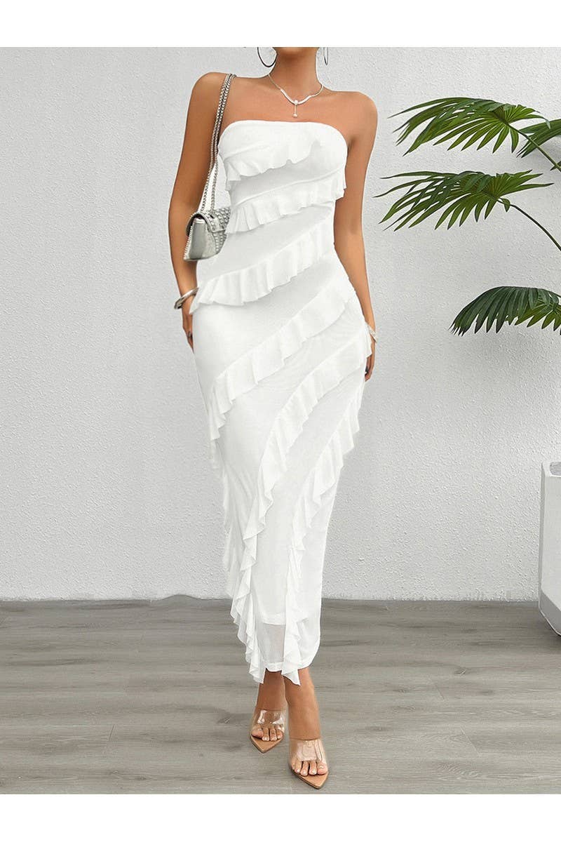 CWDMD2400_Sexy Strapless Backless Split Ruffle Dress