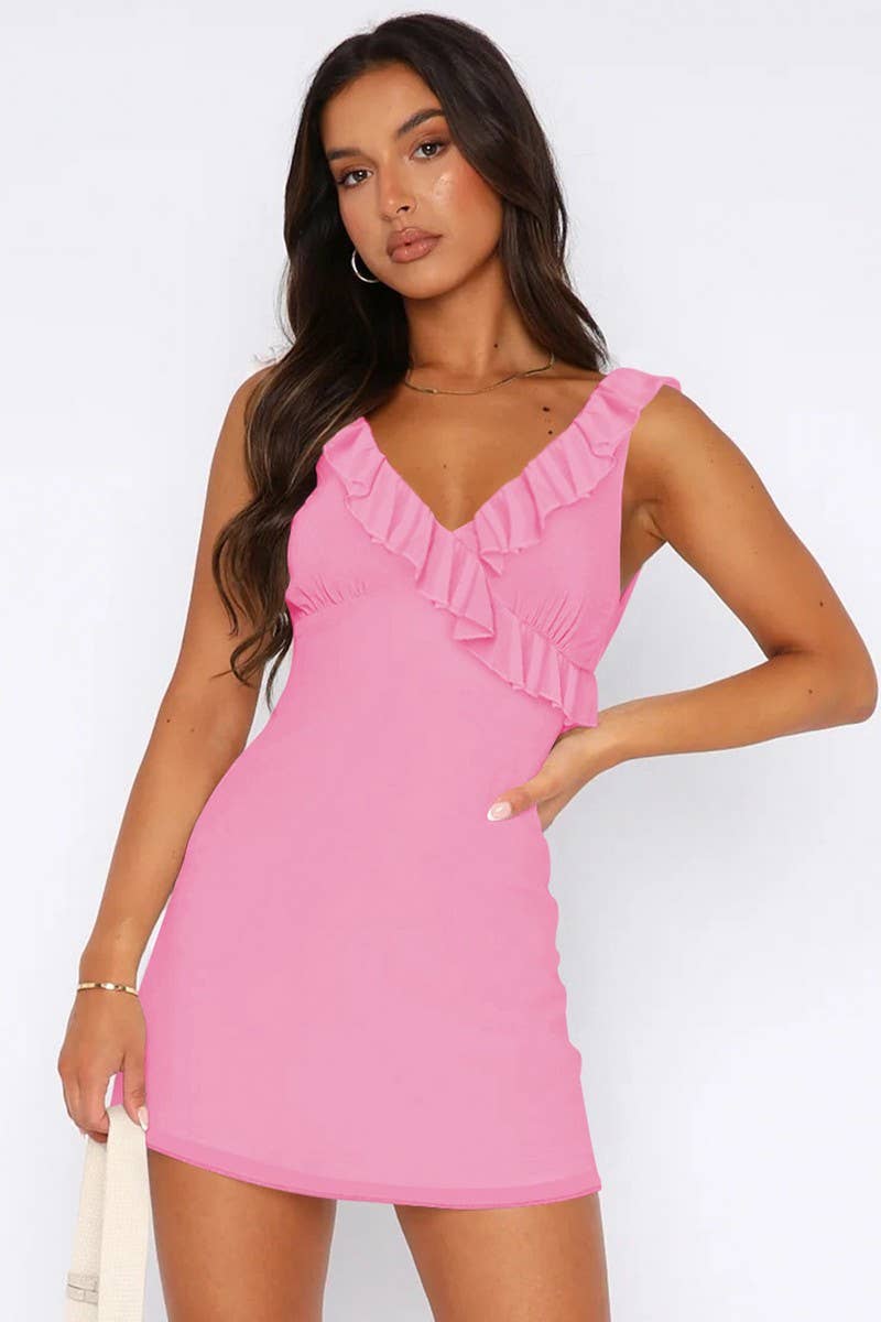 CWDSD7270_V-NECK PLEATED RUFFLE SLEEVELESS DRESS