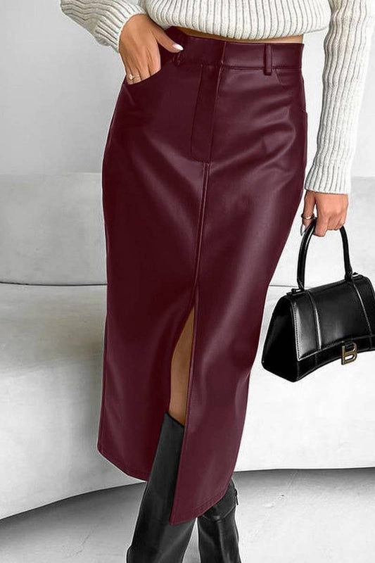 CWBMS0250_VINTAGE PLUS VELVET PU LEATHER SLIT SKIRT