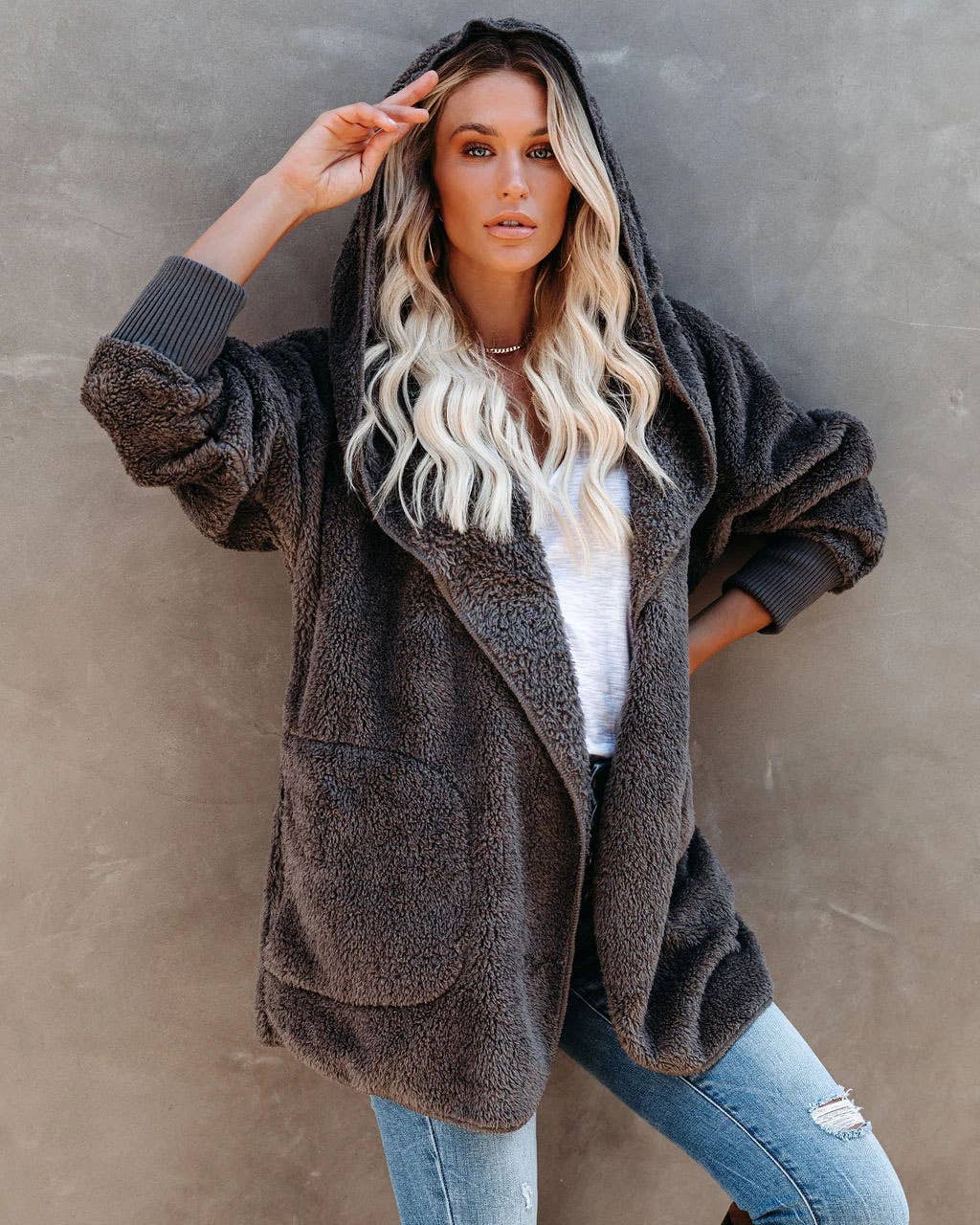 LONG SLEEVE CASUAL HOODED SOLID COLOR CARDIGAN