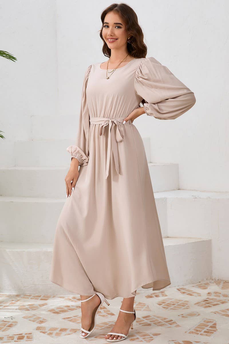 CWDMD4001_ROUND NECK TIE BUBBLE LONG SLEEVE DRESS