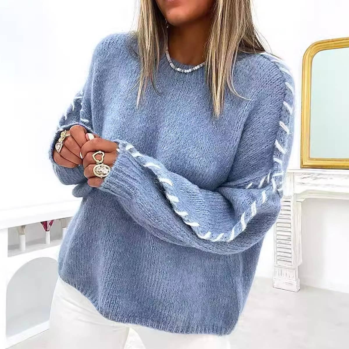 Round neck stitch design loose pullover sweater