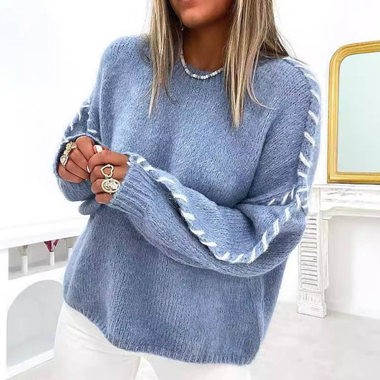 Round neck stitch design loose pullover sweater