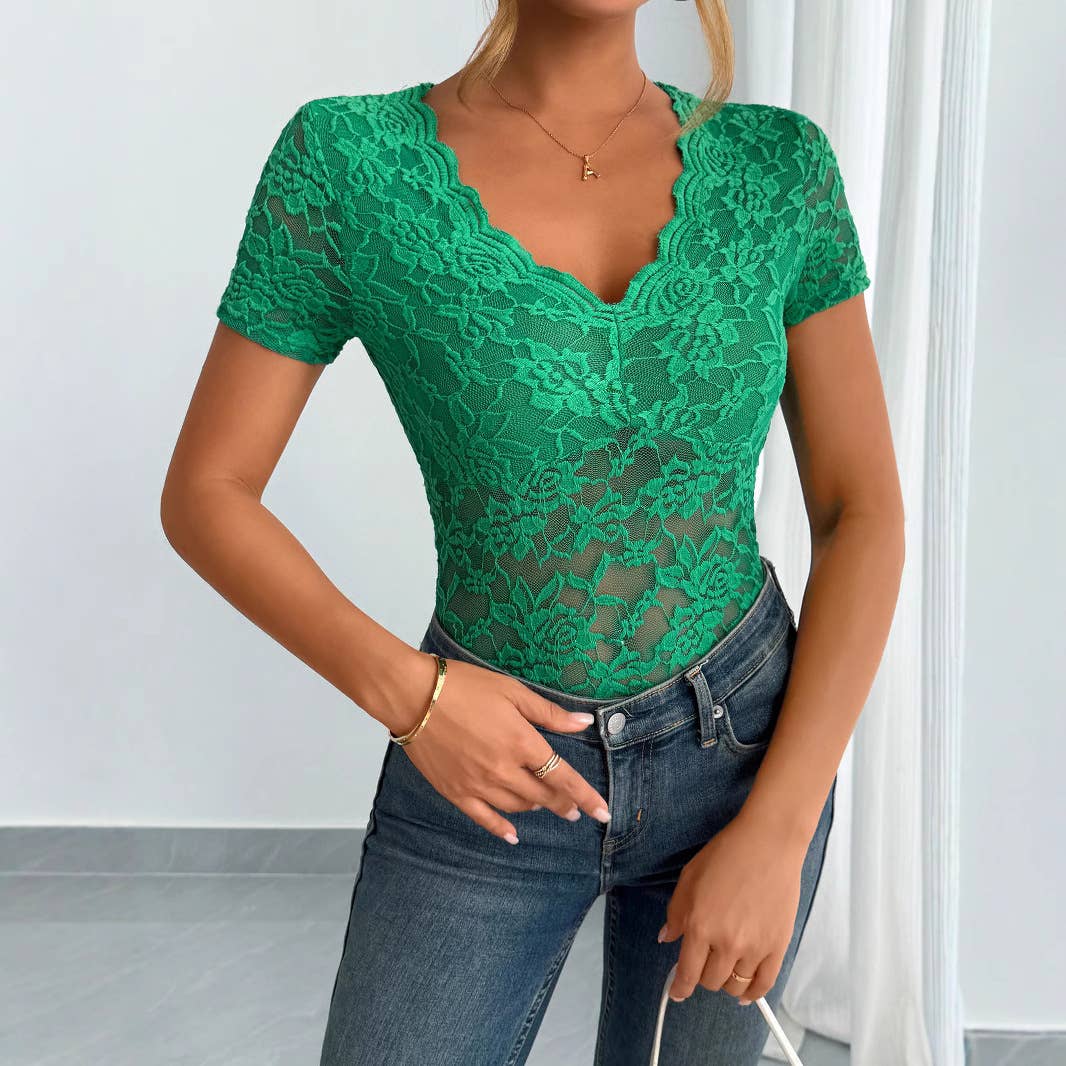 Solid-color lace V-neck short sleeve lace T-shirt