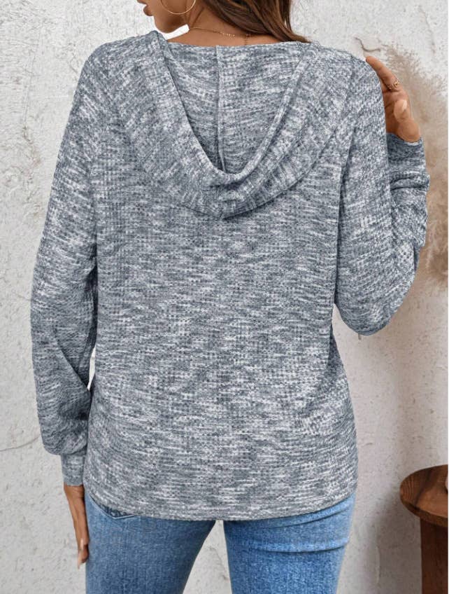 WAFFLE BUTTON-UP HOODIE LOOSE LONG-SLEEVED HOODIE