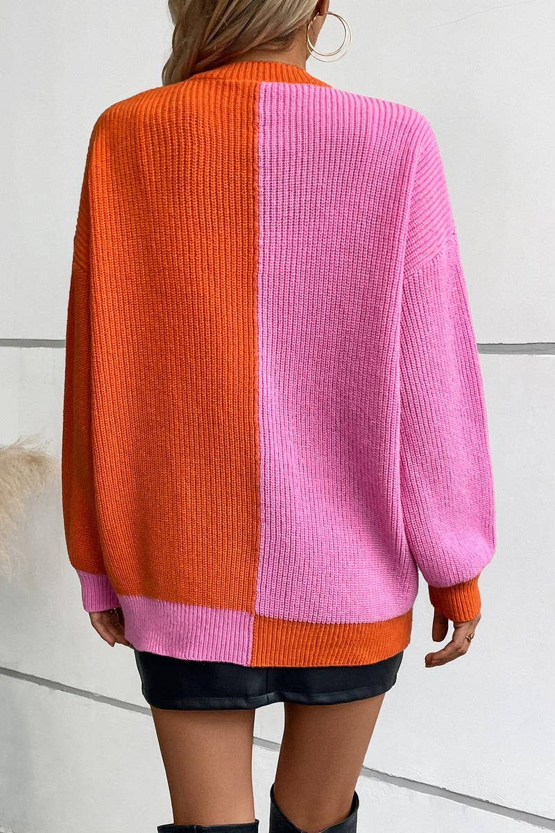 CWOCAL0841_COLORBLOCK CASUAL LONG SLEEVE KNIT CARDIGAN
