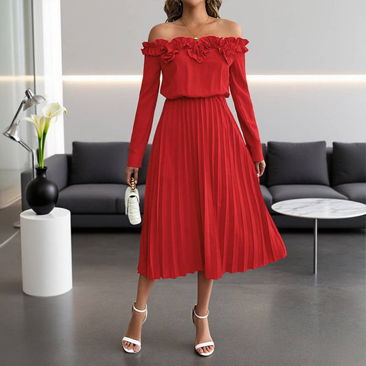 One-shoulder long-sleeved cinched waist dress