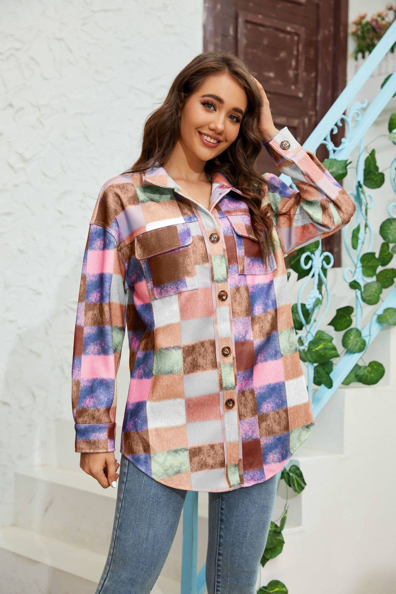 Tweed color-blocked fashionable shirt jacket