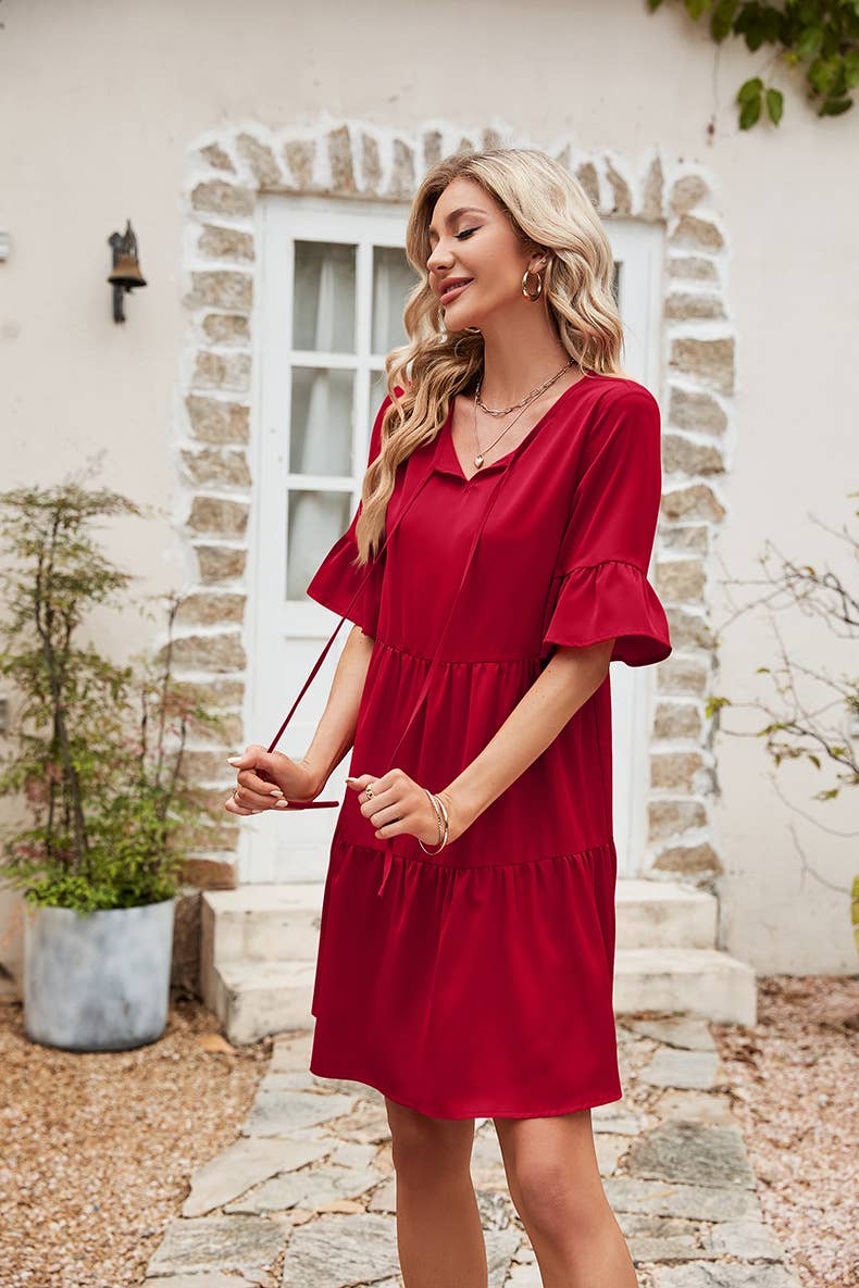 LACE-UP BOHEMIAN MINI DRESS WITH LOTUS SLEEVES