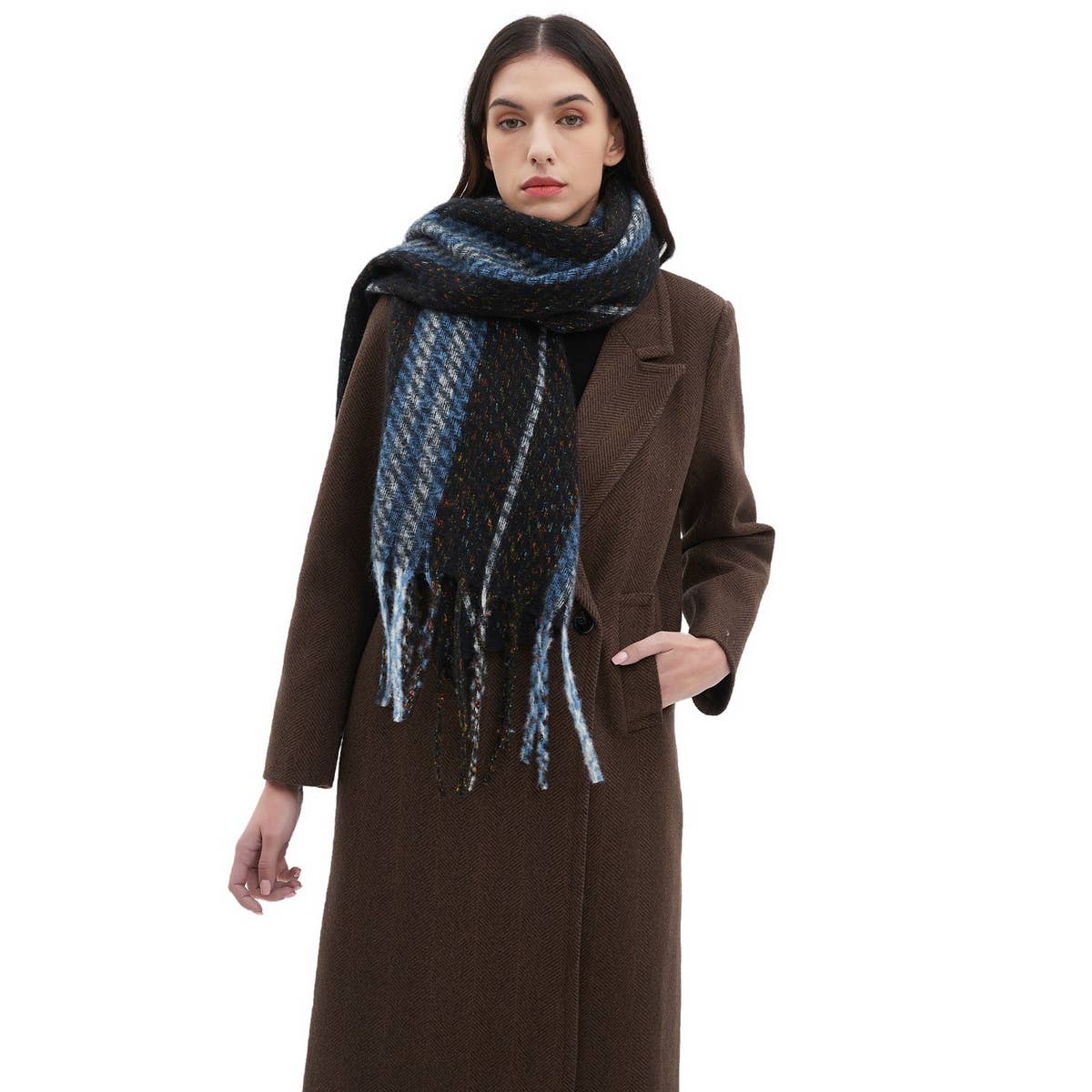 Striped Fringe Scarf ??Winter Knitted Shawl_CWASC0880