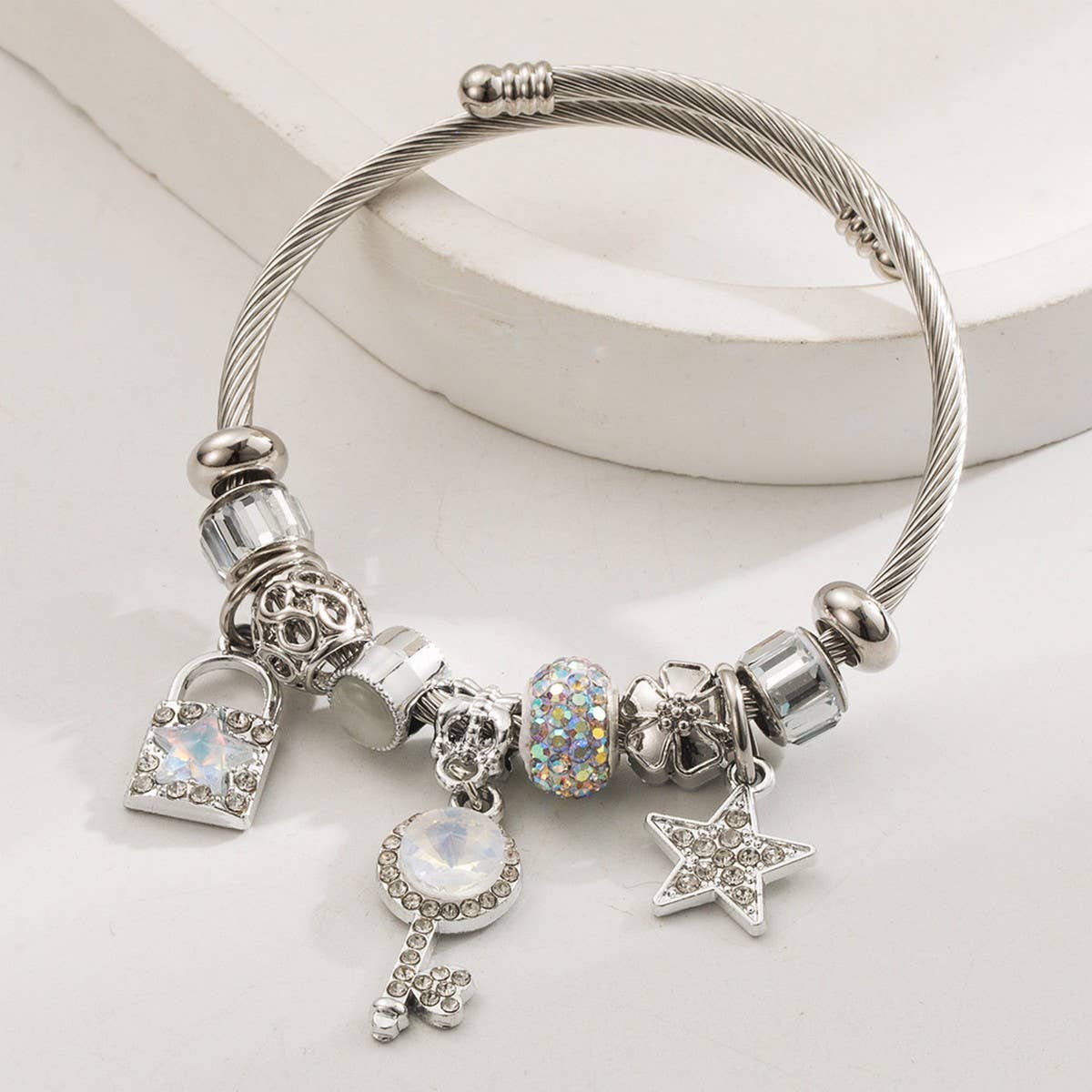 Lock & Key Charm Adjustable Steel Bracelet