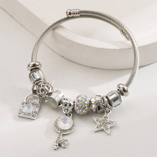 Lock & Key Charm Adjustable Steel Bracelet