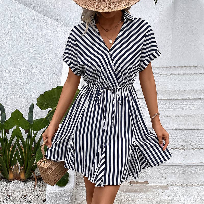 Lapel striped lace-up shirt dress