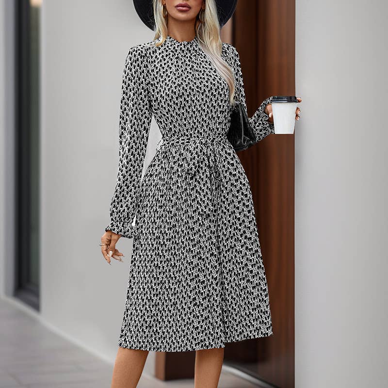 LACE-UP GEOMETRIC PRINT LONG-SLEEVED DRESS