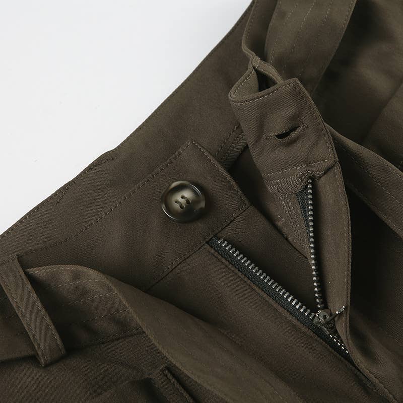 STREET STYLE SOLID COLOR BELT LACE-UP BASIC PANTS