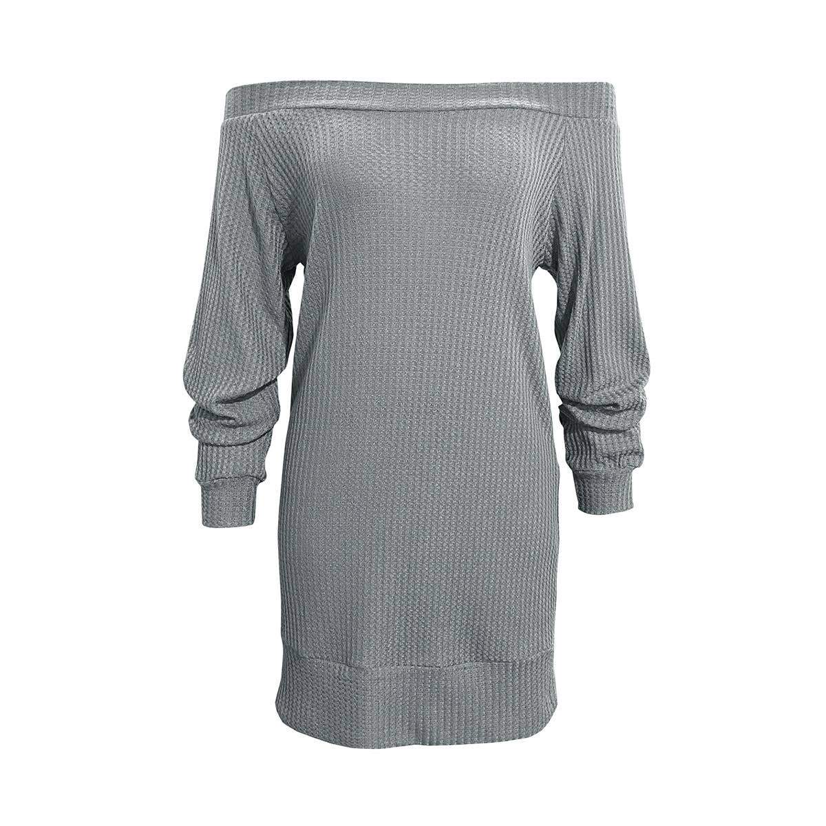 SOLID COLOR LONG-SLEEVED OFF-SHOULDER KNIT DRESS