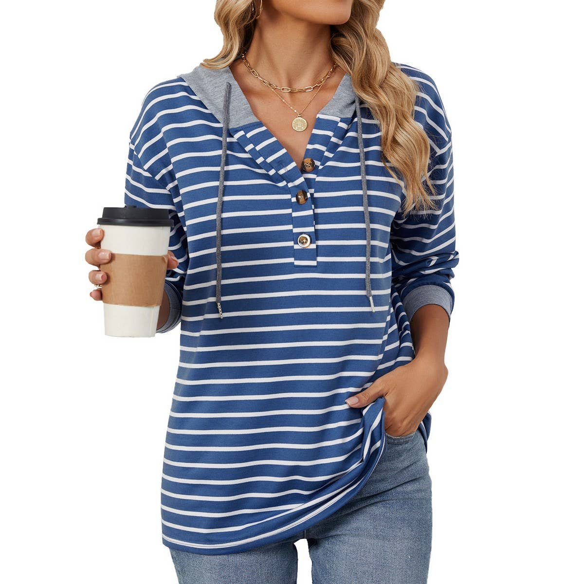 Hooded button drawstring long-sleeved hoodie