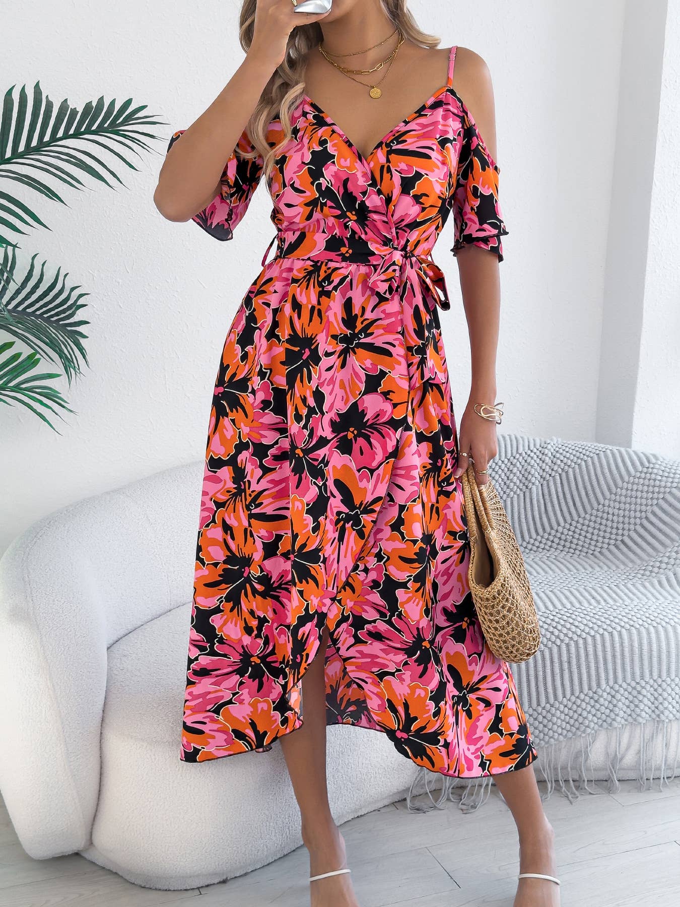 Off-the-shoulder cross-neck printed halter dress